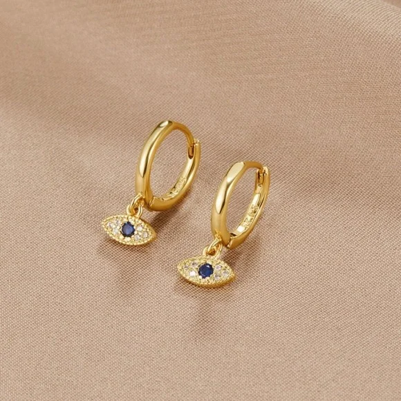 NWOT Mini Gold Evil Eye Huggie Hoops 9mm hoop earrings in gold - Picture 2 of 6